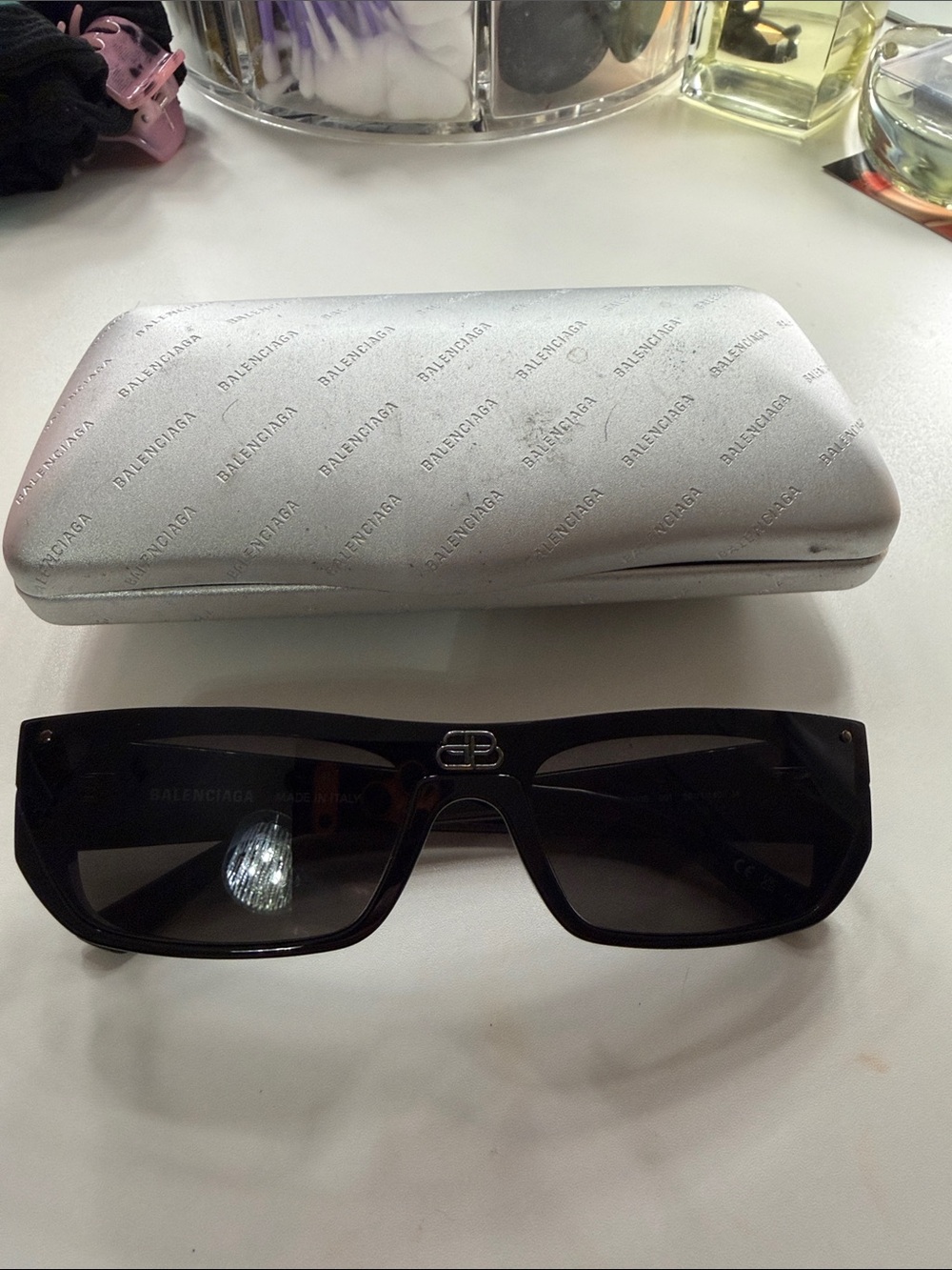 Balenciaga  Black Rectangular Sunglasses with BB Logo